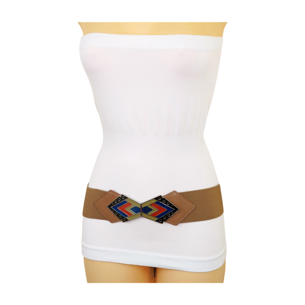 Brand New Women Beige Stretch Waistband Wide Belt Tribal Style Buckle S M