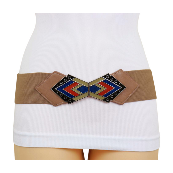 Brand New Women Beige Stretch Waistband Wide Belt Tribal Style Buckle S M