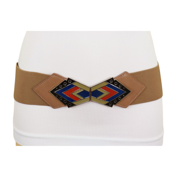 Brand New Women Beige Stretch Waistband Wide Belt Tribal Style Buckle S M