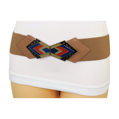 Beige Stretch Waistband Wide Belt Tribal Style Buckle S M
