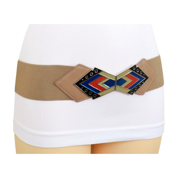 Brand New Women Beige Stretch Waistband Wide Belt Tribal Style Buckle S M
