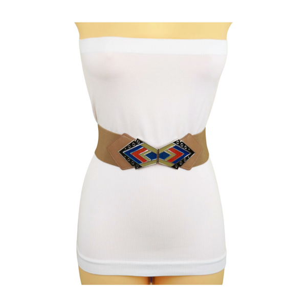 Brand New Women Beige Stretch Waistband Wide Belt Tribal Style Buckle S M