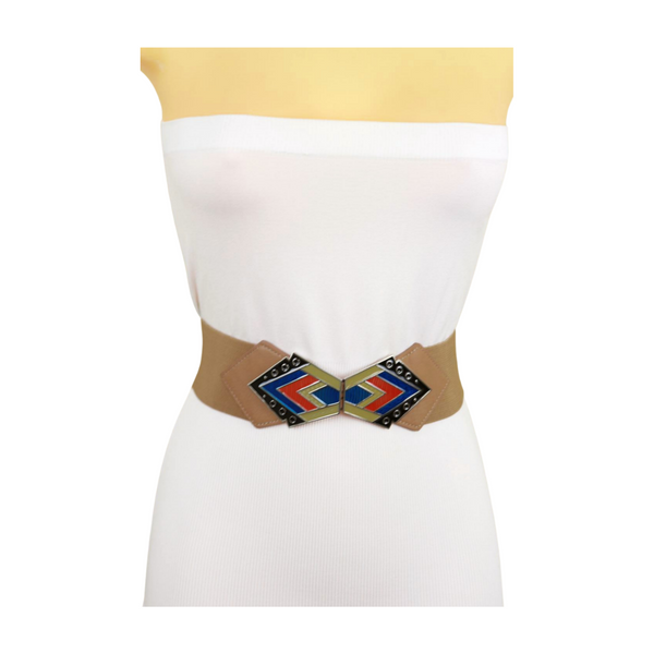Brand New Women Beige Stretch Waistband Wide Belt Tribal Style Buckle S M