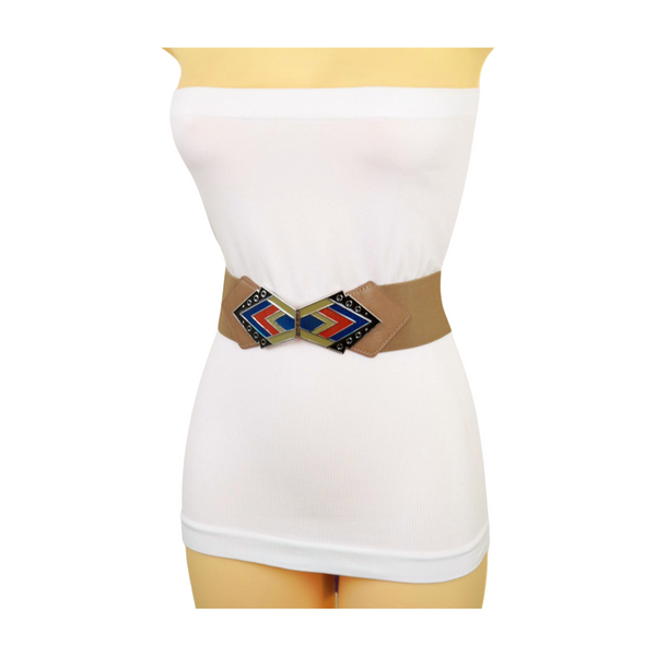 Brand New Women Beige Stretch Waistband Wide Belt Tribal Style Buckle S M