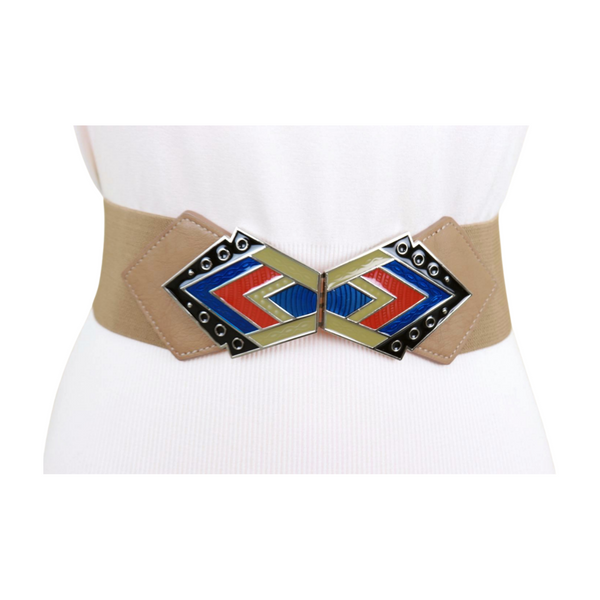 Brand New Women Beige Stretch Waistband Wide Belt Tribal Style Buckle S M
