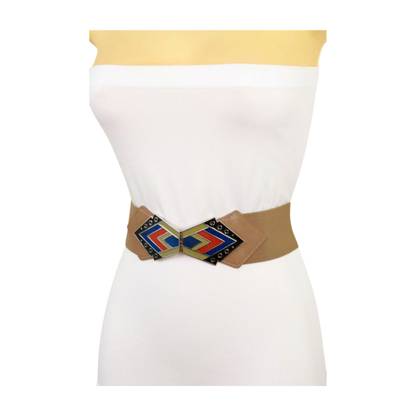 Brand New Women Beige Stretch Waistband Wide Belt Tribal Style Buckle S M