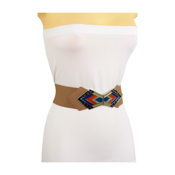 Brand New Women Beige Stretch Waistband Wide Belt Tribal Style Buckle S M