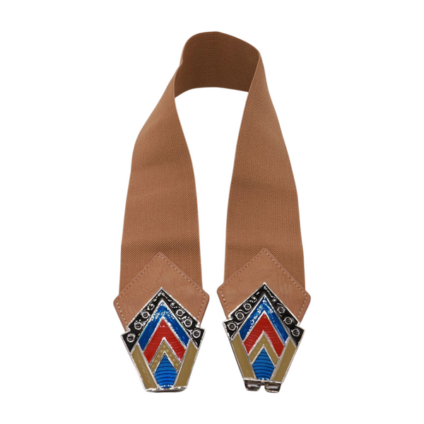 Brand New Women Beige Stretch Waistband Wide Belt Tribal Style Buckle S M