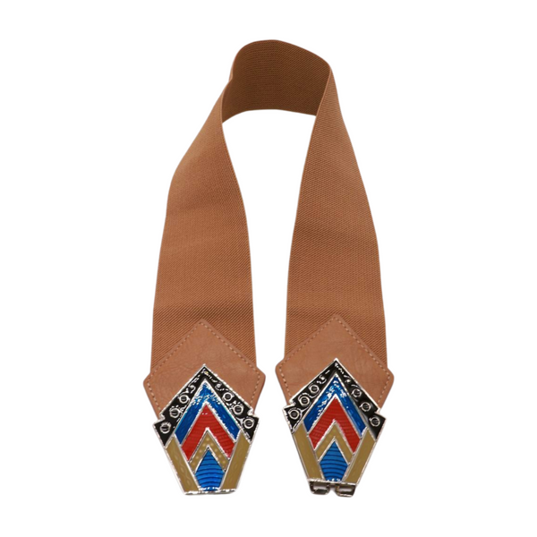 Brand New Women Beige Stretch Waistband Wide Belt Tribal Style Buckle S M