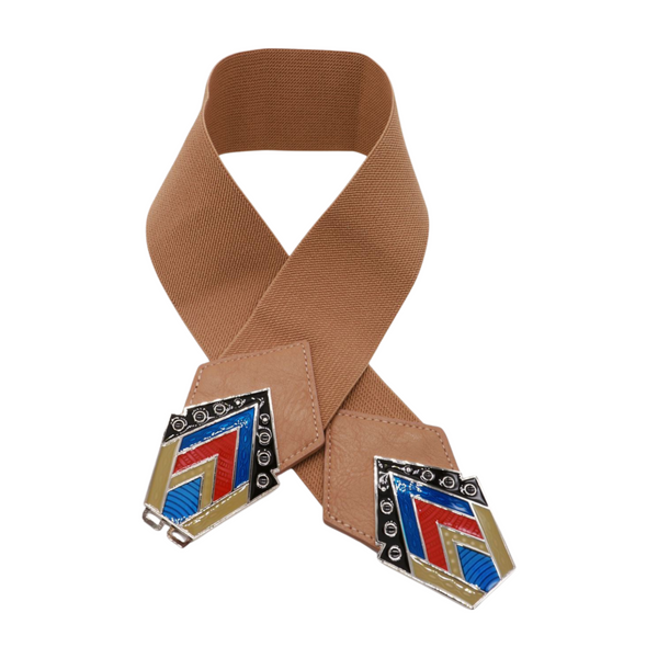 Brand New Women Beige Stretch Waistband Wide Belt Tribal Style Buckle S M