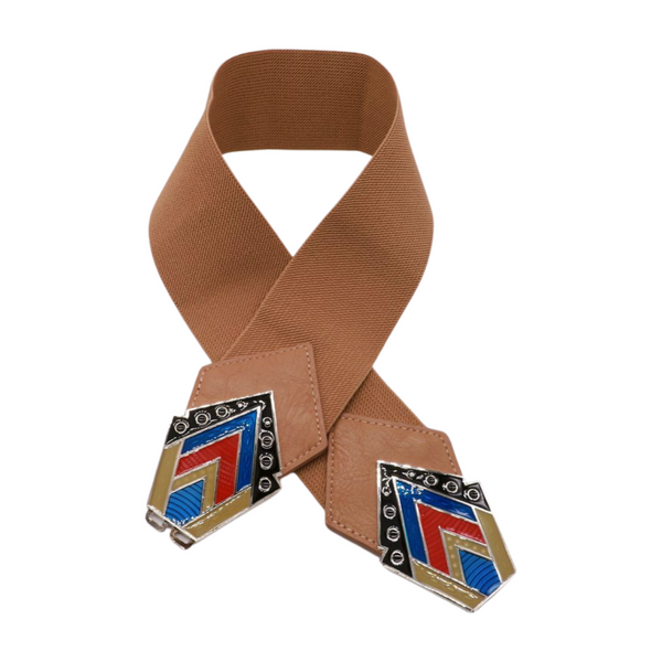 Brand New Women Beige Stretch Waistband Wide Belt Tribal Style Buckle S M
