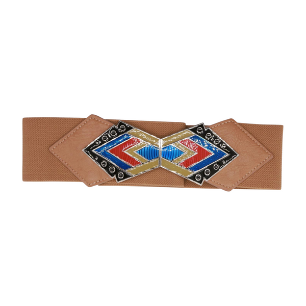 Brand New Women Beige Stretch Waistband Wide Belt Tribal Style Buckle S M