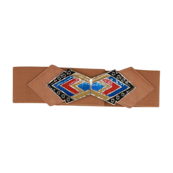 Brand New Women Beige Stretch Waistband Wide Belt Tribal Style Buckle S M