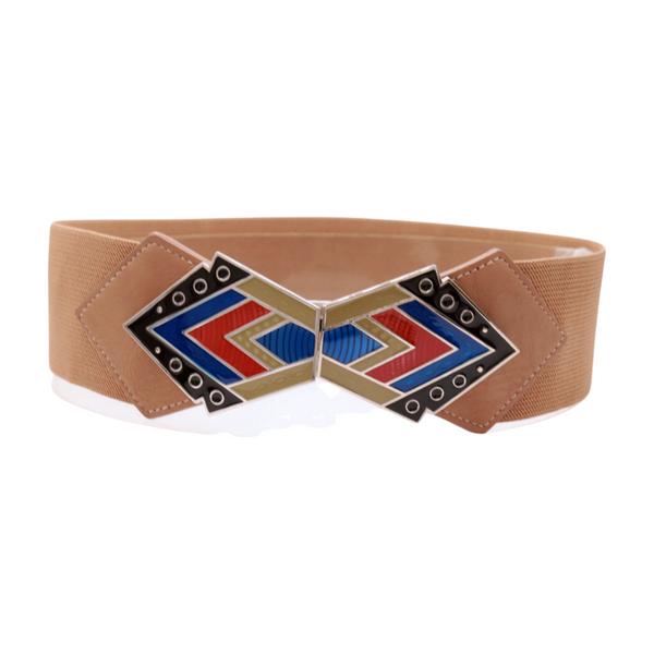 Brand New Women Beige Stretch Waistband Wide Belt Tribal Style Buckle S M