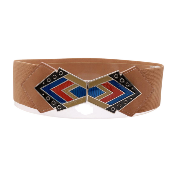 Brand New Women Beige Stretch Waistband Wide Belt Tribal Style Buckle S M