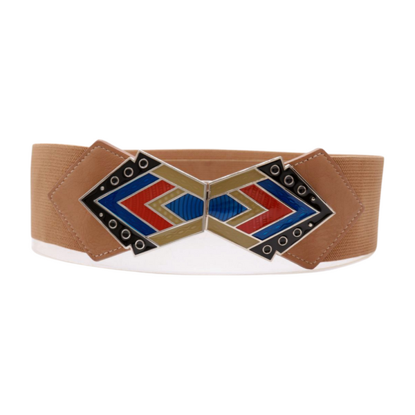 Brand New Women Beige Stretch Waistband Wide Belt Tribal Style Buckle S M