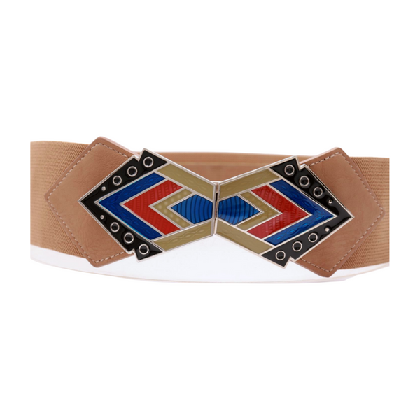 Brand New Women Beige Stretch Waistband Wide Belt Tribal Style Buckle S M