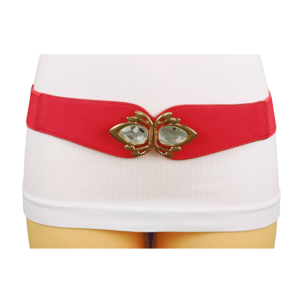 Brand New Women Coral Elastic Fashion Belt Gold Metal Bling Buckle S M