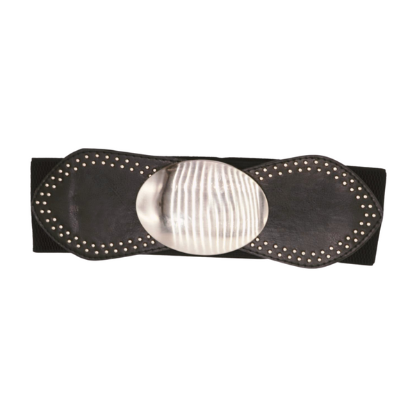 Brand New Women Black Faux Leather Elastic Belt Silver Studs Oval Buckle S M