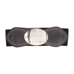 Black Faux Leather Elastic Belt Silver Studs Oval Buckle S M