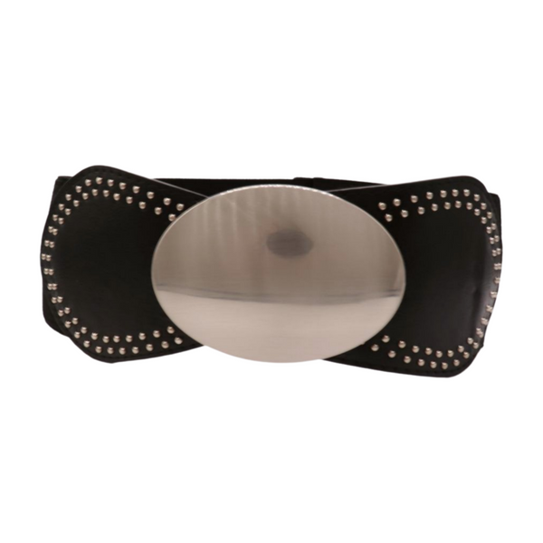 Brand New Women Black Faux Leather Elastic Belt Silver Studs Oval Buckle S M