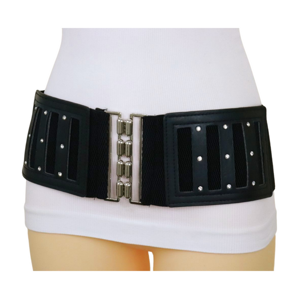 Brand New Women Black Elastic Wide Fashion Belt Silver Buckle Size S M