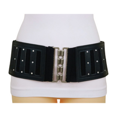 Black Elastic Wide Fashion Belt Silver Buckle Size S M