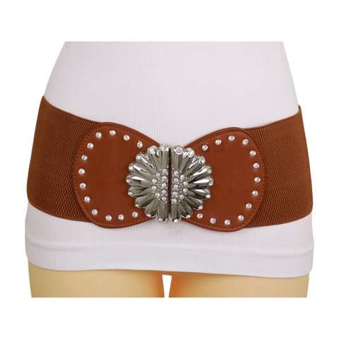 Brand New Women Wide Brown Faux Leather Elastic Fashion Belt Flower Buckle S M