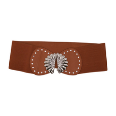 Wide Brown Faux Leather Elastic Fashion Belt Flower Buckle S M