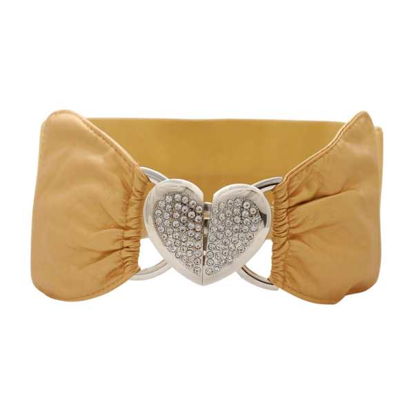 Brand New Women Gold Faux Leather Fashion Elastic Band Belt Love Heart Metal Buckle S M