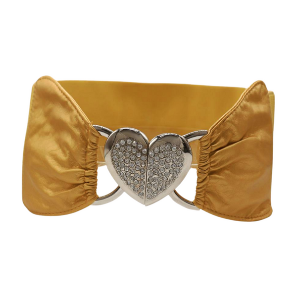Brand New Women Gold Faux Leather Fashion Elastic Band Belt Love Heart Metal Buckle S M