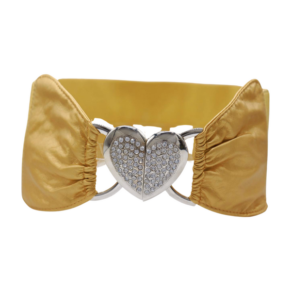 Brand New Women Gold Faux Leather Fashion Elastic Band Belt Love Heart Metal Buckle S M