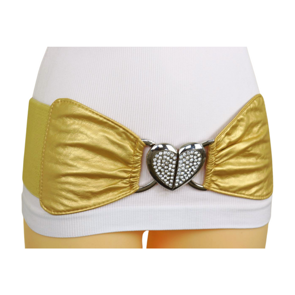 Brand New Women Gold Faux Leather Fashion Elastic Band Belt Love Heart Metal Buckle S M