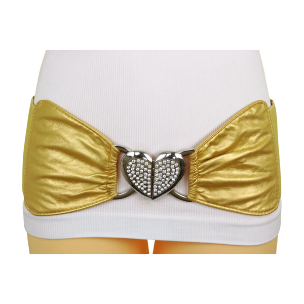 Brand New Women Gold Faux Leather Fashion Elastic Band Belt Love Heart Metal Buckle S M