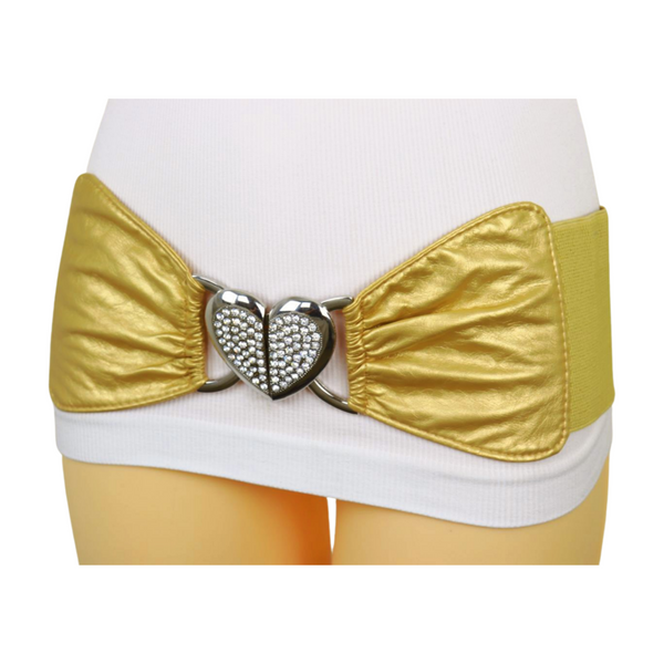 Brand New Women Gold Faux Leather Fashion Elastic Band Belt Love Heart Metal Buckle S M