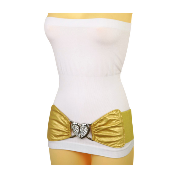 Brand New Women Gold Faux Leather Fashion Elastic Band Belt Love Heart Metal Buckle S M