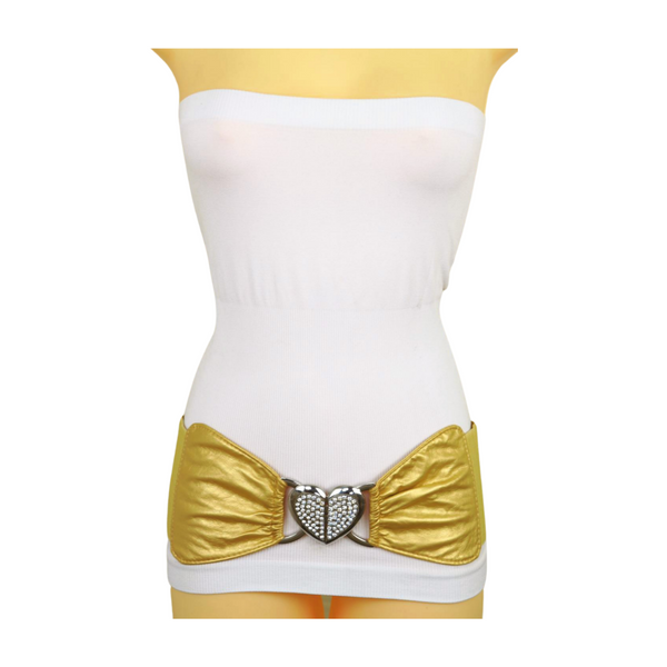 Brand New Women Gold Faux Leather Fashion Elastic Band Belt Love Heart Metal Buckle S M
