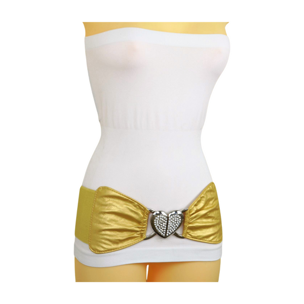 Brand New Women Gold Faux Leather Fashion Elastic Band Belt Love Heart Metal Buckle S M
