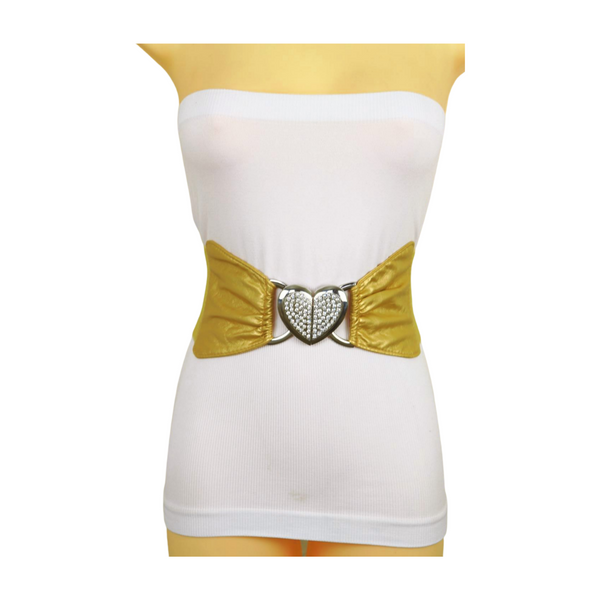 Brand New Women Gold Faux Leather Fashion Elastic Band Belt Love Heart Metal Buckle S M