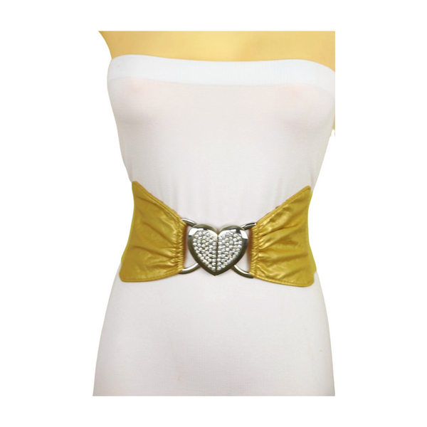 Brand New Women Gold Faux Leather Fashion Elastic Band Belt Love Heart Metal Buckle S M