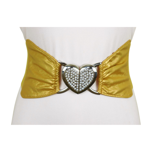 Brand New Women Gold Faux Leather Fashion Elastic Band Belt Love Heart Metal Buckle S M