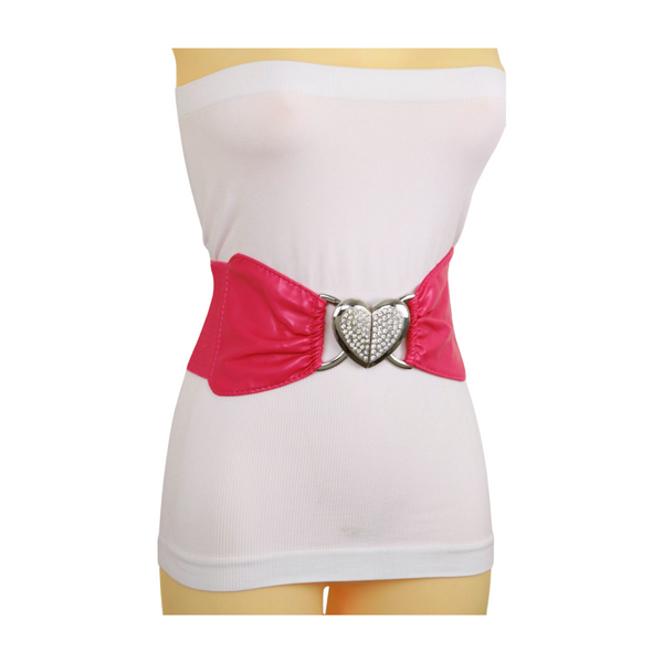 Brand New Women Pink Faux Leather Elastic Fashion Belt Heart Buckle Fit Size S M