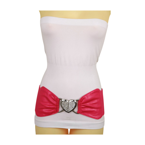 Brand New Women Pink Faux Leather Elastic Fashion Belt Heart Buckle Fit Size S M
