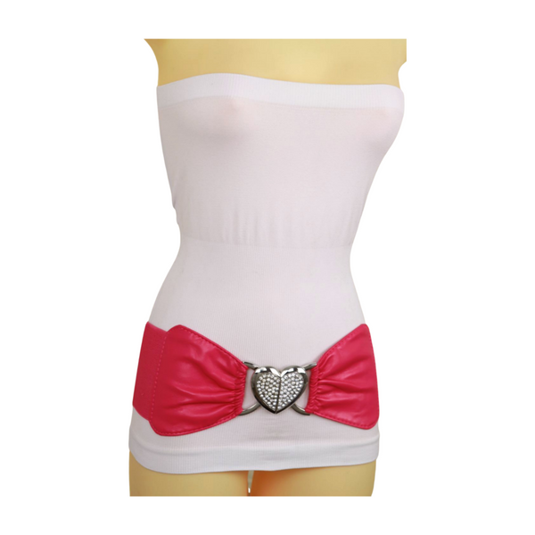 Brand New Women Pink Faux Leather Elastic Fashion Belt Heart Buckle Fit Size S M