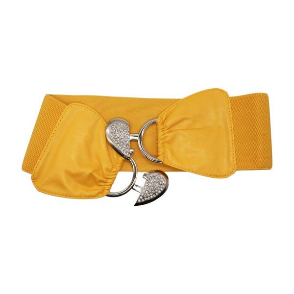 Brand New Women Yellow Faux Leather Elastic Fashion Belt Heart Buckle S M