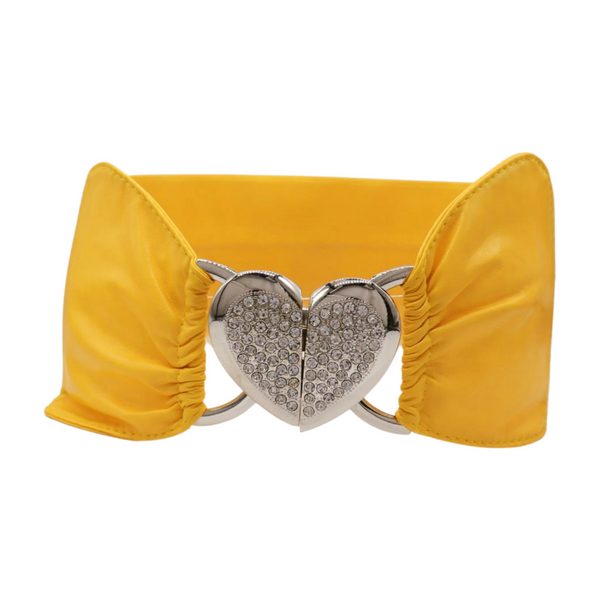 Brand New Women Yellow Faux Leather Elastic Fashion Belt Heart Buckle S M