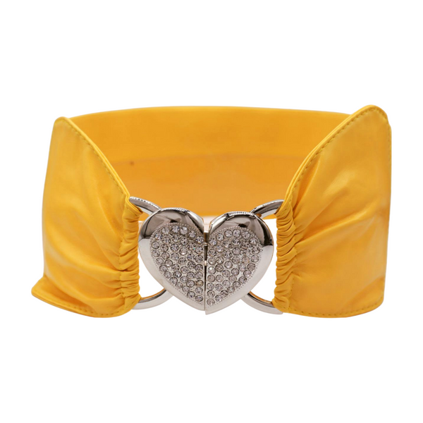 Brand New Women Yellow Faux Leather Elastic Fashion Belt Heart Buckle S M
