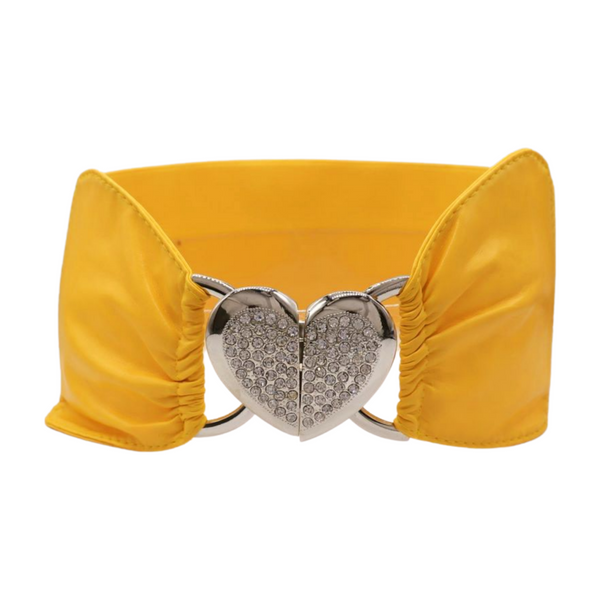 Brand New Women Yellow Faux Leather Elastic Fashion Belt Heart Buckle S M
