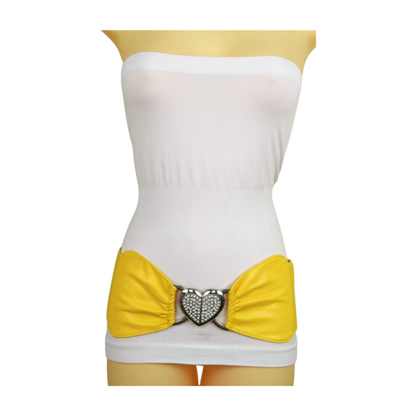 Brand New Women Yellow Faux Leather Elastic Fashion Belt Heart Buckle S M