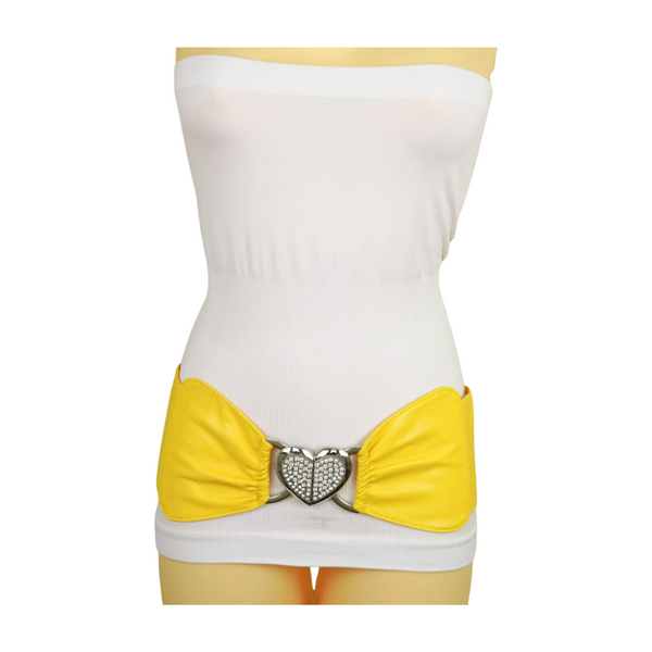 Brand New Women Yellow Faux Leather Elastic Fashion Belt Heart Buckle S M
